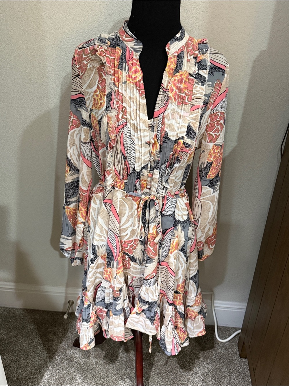 Printed Long-Sleeve Pintuck Boutique Dress in Coral, Gray & Cream